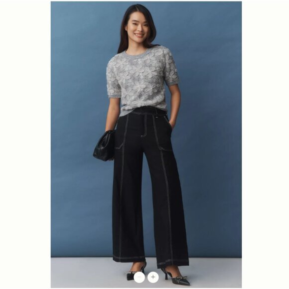NWT Maeve Linen Blend Top-Stitch Wide-Leg Pants | Black | Size 0 - Picture 1 of 5